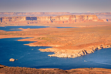 Lake Powell and marina from above at clear sunset sky, Page, Arizona, USA