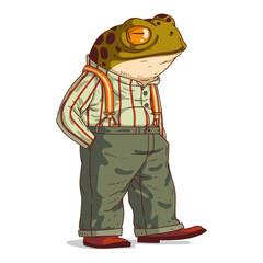 An Urban Guy, isolated vector illustration. Dressed frog person. A toad with a human body in a casual retro outfit on white background. Drawn sticker. Calm animal character watching something.