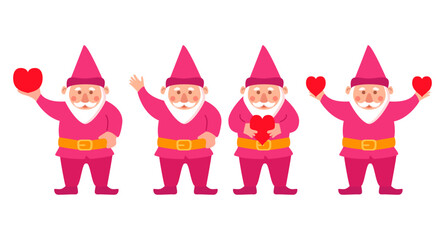 Cute romantic Valentine gnome holds red heart.Cartoon style.Little dwarfs.Isolated on white background. Vector flat illustration.