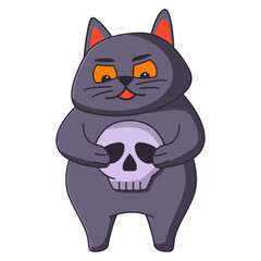 Halloween black cat with a skull in his hands .A scared cat.Frightened kitty.Hand drawn  illustration.Isolated on white background.