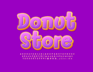 Vector tasty poster Donut Store. Violet glazed Font. Sweet Donut Alphabet Letters and Numbers set