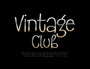 Vector chic emblem Vintage Club. Decorative silver Font. Stylish steel Alphabet Letters, numbers and Symbols set
