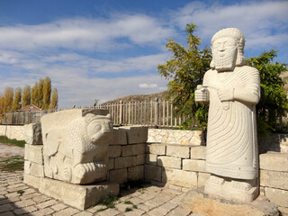 Statues at the entrance of the historical Arslantepe (4000 BCE) settlement in Malatya, Turkey.                               