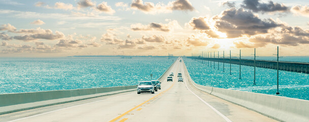 Panorama of Road US1 to Key West over Florida keys - obrazy, fototapety, plakaty