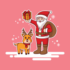 cartoon vector illustration of cute Santa mascot or character holding gift and the deer 