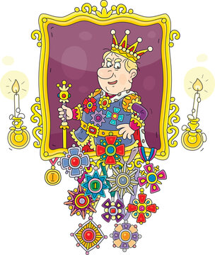 Ceremonial portrait of a funny angry king with many jeweled orders and medals hanging under an ornate gold frame by candlelight in a palace, vector cartoon illustration on a white background