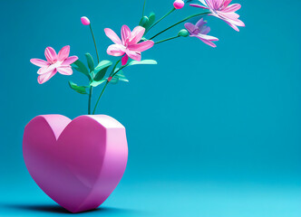 Pink flowers in a pink heart shaped vase, very romantic, 3d illustration