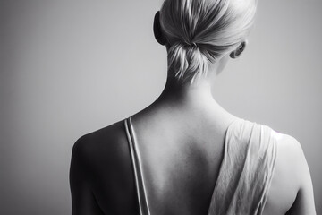 Young blonde woman seen from behind, ponytail and neck, black and white