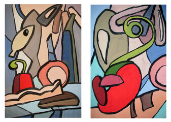 Abstract art. Still life paintings set. Two paintings. Collection. Bright colors. Mosaic.