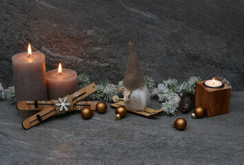Christmas background: backdrop with Christmas decorations and candles.