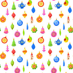 Seamless pattern from New Year's vintage Christmas tree decorations. Decor for holiday wrapping paper, backgrounds and cards
