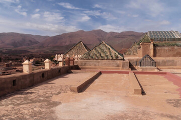 View from the roof at the Kasbah Telouet with the High Atlas mountains in the background, Telouet,...