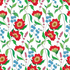 Seamless floral pattern, beautiful botanical print with wild flowers in an abstract composition on white background. Elegant flower design with hand drawn plants: flowers, leaves. Vector illustration.