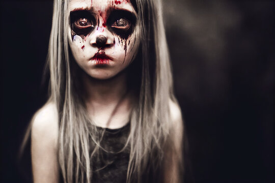 Little girl dead alive or zombie, scary horror movie portrait, 3d illustration