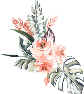 Watercolor Tropical Foliage Banana Tree Coconut Tree Roses Tropical Flowers Orange Bouquets Frames for Wedding Invitations Cards