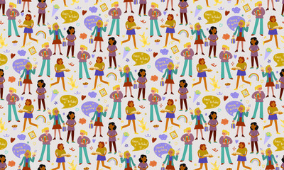 Obraz premium Seamless people celebrating pattern. Holiday women hanging gifts white background. Wrapping or gift paper and kids textile. 
