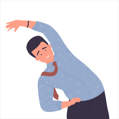 Office male worker doing stretching. Work exercise, active relaxing break vector illustration