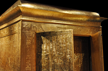 Golden Pharaoh burial chamber with Egyptian hieroglyphics
