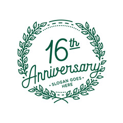 16 years anniversary design template. 16th anniversary celebration hand drawn logotype. Vector illustration.