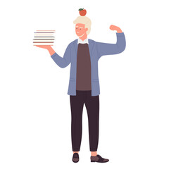 Teacher man holding stack of books. Wisdom sharing, school professor vector illustration