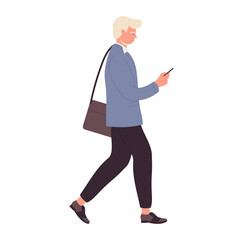 Walking teacher man using phone. School professor uses smartphone vector illustration