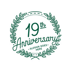 19 years anniversary design template. 19th anniversary celebration hand drawn logotype. Vector illustration.