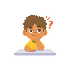A black boy in doubt or have a question on the desk, illustration cartoon character vector design on white background. kid and education concept.