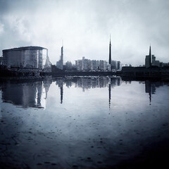 City buildings in dystopian cityscape after environmental desaster