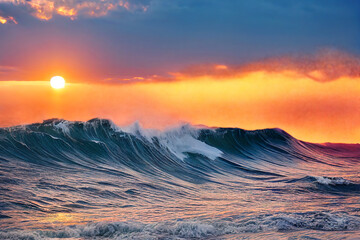 Sonnenuntergang über Meereswellen im tropischen Meer mit Spritzwasser