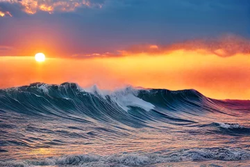 Foto auf Glas Sonnenuntergang über Meereswellen im tropischen Meer mit Spritzwasser © Robert Kneschke