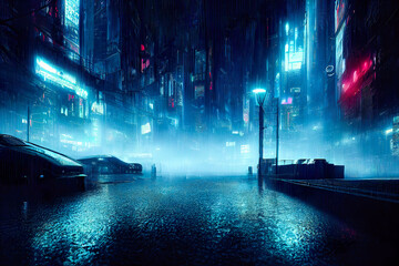 Wet road in rainy street in future cyberpunk city with neon lights - obrazy, fototapety, plakaty