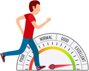Running person and scale from poor speed to excellent, sport, workout. Time measurement, task completion speed. Progress and success towards goal. Result of efforts of person in training, achievements