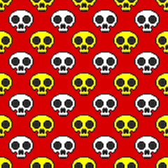 Fototapeta na wymiar Small pixel white and yellow skulls isolated on red background. Cute seamless pattern. Vector simple flat graphic illustration. Texture.