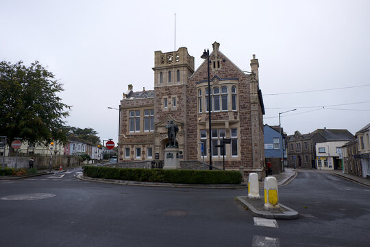Camborne Cornwall UK 10 18 2022 Passmore Edwards library of 1895 with statue of Trevithick. Edwards was a Cornish born philanthropist who funded several public buildings accross Cornwall. 