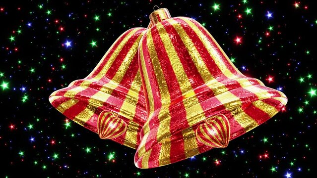 Realistic looping 3D animation of two beautiful textured golden swinging Christmas bells with red stripes against moving colorful stars rendered in UHD