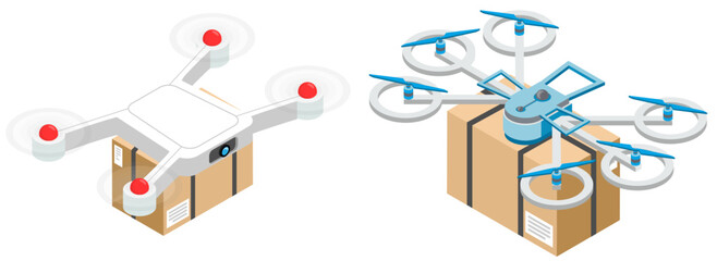 Delivery service delivers parcel using flying copter. Future technologies of online home transfer of boxes, goods to door. Control panel, helicopter, quadcopter. Smart city concept. Urban logistics