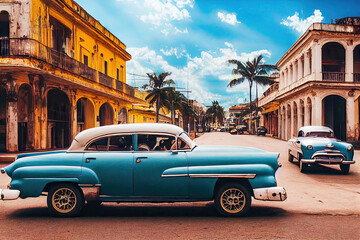 Kuba Havanna Classic American Cars  auf der Strasse Digital 3D Rendering AI - obrazy, fototapety, plakaty