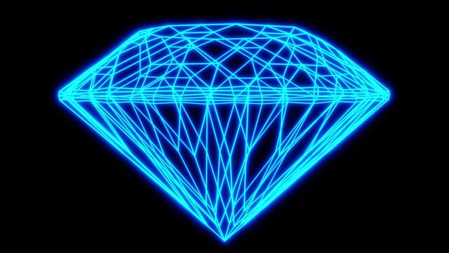 Realistic looping 3D animation of the spinning neon wireframe diamond rendered in UHD