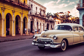 Kuba Havanna Classic American Cars  auf der Strasse Digital 3D Rendering AI