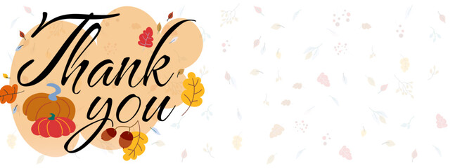 Thanksgiving day background vector illustration isolated on white. Phrase Thank you with pumpkins and autumn leaves on decorated backdrop. Flat style web banner