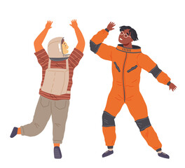 Dancing astronaut, spaceman. Man dressed as astronaut at party. Outfit for holiday in cosmic style. People in space suit raising hands and dancing. Happy characters in costume of space explorer