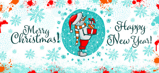 Mug design merry christmas and happy new year with snowman. Dad is a snowman with gifts in his hands. Vector illustration
