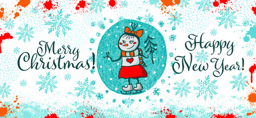 Mug design merry christmas and happy new year with snowman. Snowman girl with a Christmas tree in her hands. Vector illustration