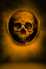 Scary astronaut skull face on a fog and backlit. Astronaut skull is generated with Dall-e AI software