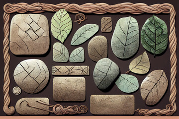 Decorative elements for the game or app leaves, stones, rope on brown background
