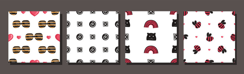 Set of seamless patterns in 60s style. Red black patterns