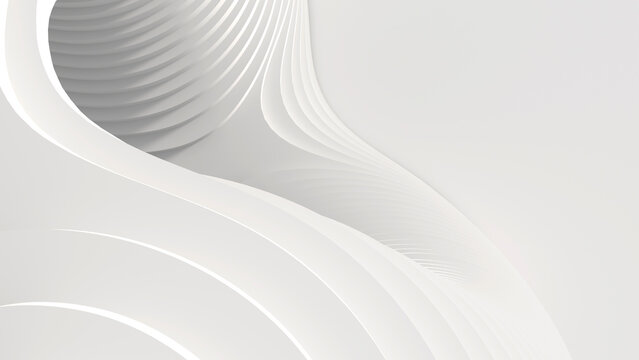 Abstract creative modern parametric white light 3D three-dimensional background. A complex geometric rounded volume cut into many parts forming steps. 3d illustration