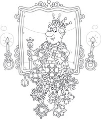 Ceremonial portrait of a funny angry king with many jeweled orders and medals hanging under an ornate gold frame by candlelight in a palace, black and white vector cartoon for a coloring book page