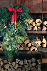 Shelves with neatly stacked chopped firewood. Preparing firewood for the winter. Energy crisis.