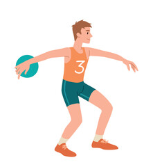 Fototapeta na wymiar Man throwing discus. Young guy in yellow T shirt and shorts tests his strength and takes part in competitions. Graphic element for website, poster or banner. Cartoon flat vector illustration